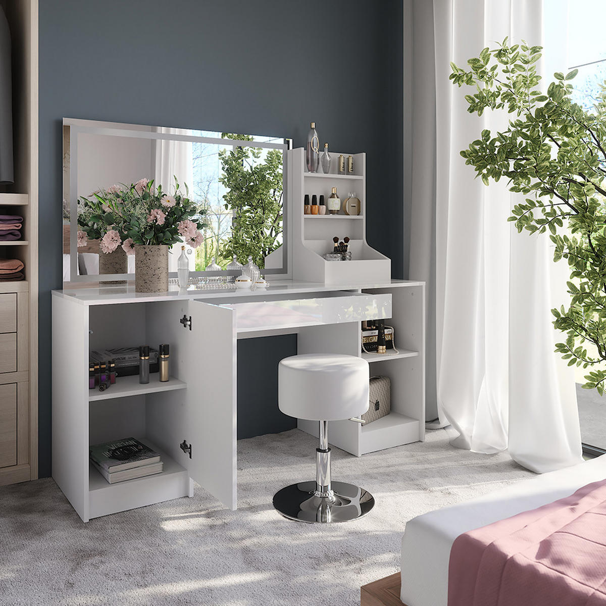 SCHMINKTISCH Sherry Weiß/Weiß Hochglanz 158.2 cm 4 Teile - Weiß Hochglanz, Holzwerkstoff (158.2/76/50.1cm) - Vicco