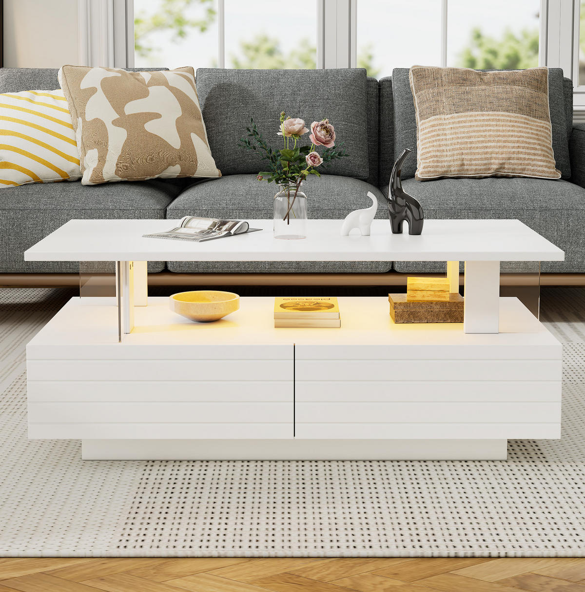 COUCHTISCH mit LED 100 x 50 cm Acryl Weiß mit 2 Schubladen - Weiß, Holz (100/50/42cm) - Meubliv