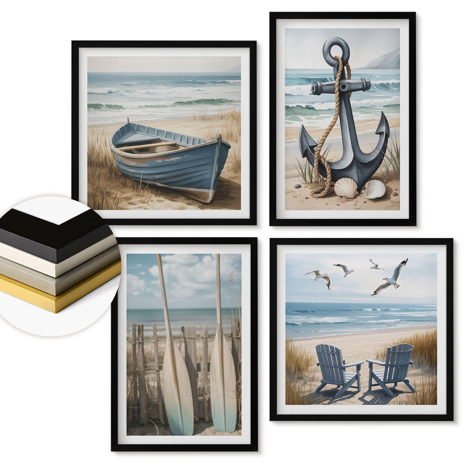 WANDBILDER 4er-Set - 50x50 cm & 40x60 cm Schwarzer Rahmen - Anker, Boot, Ruder, Strand - Schwarz, Kunststoff (50/50cm) - ArtPrintCave