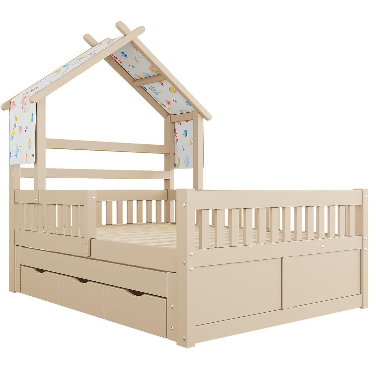 DĚTSKÁ postel 140/200 cm krémová z MDF a borovice s výsuvným lůžkem a 3 zásuvkami - krémová, kompozitní dřevo (140/200cm) - OKWISH