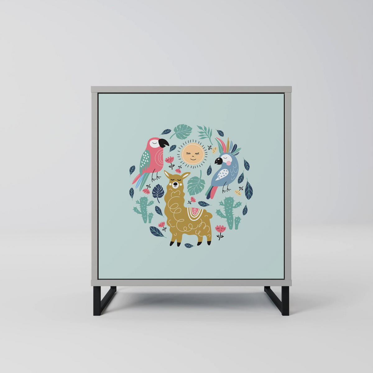 SIDEBOARD COLORFUL ALPACAS, Grau, 57,5x42x77,5 cm, Schräge Buchenholzfüße - Buchefarben/Multicolor, Holzwerkstoff/Buchenholz (57.5/77.5/42cm) - SpaceRebels
