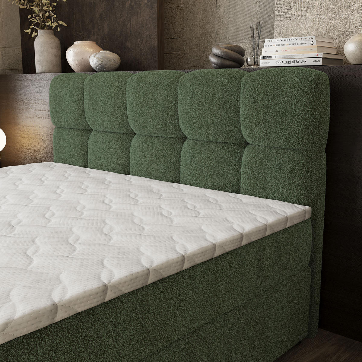 BOXBETT BRUME 160x200 cm mit Matratze und Topper, H2+H3 - Grün - Grün, Holz (160/200cm) - MASSENO