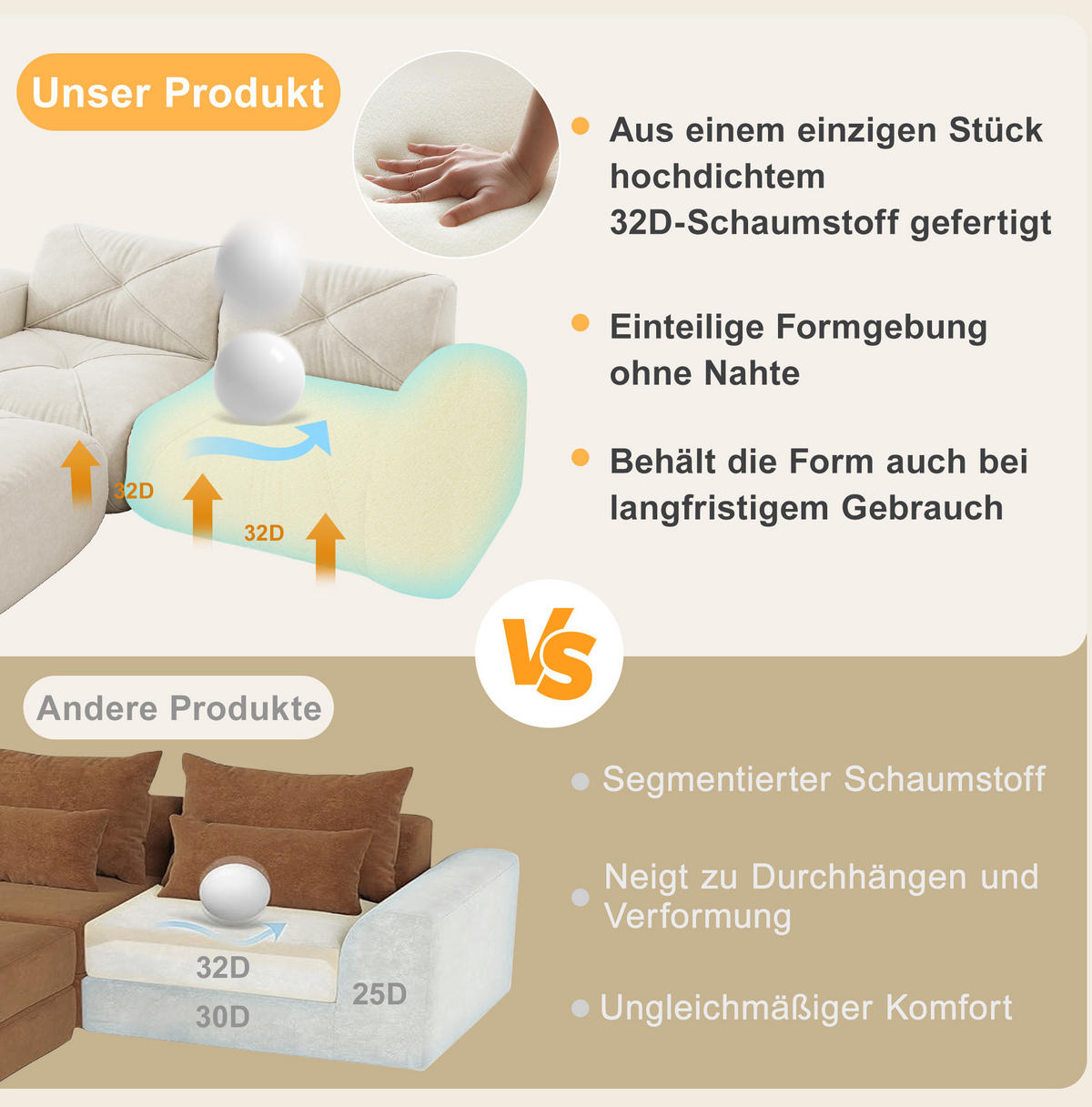 SOFA 358/95/76 cm in Hellbeige aus Chenille mit modularem Design - Beige, Textil (95/76/358cm) - Flora Grace