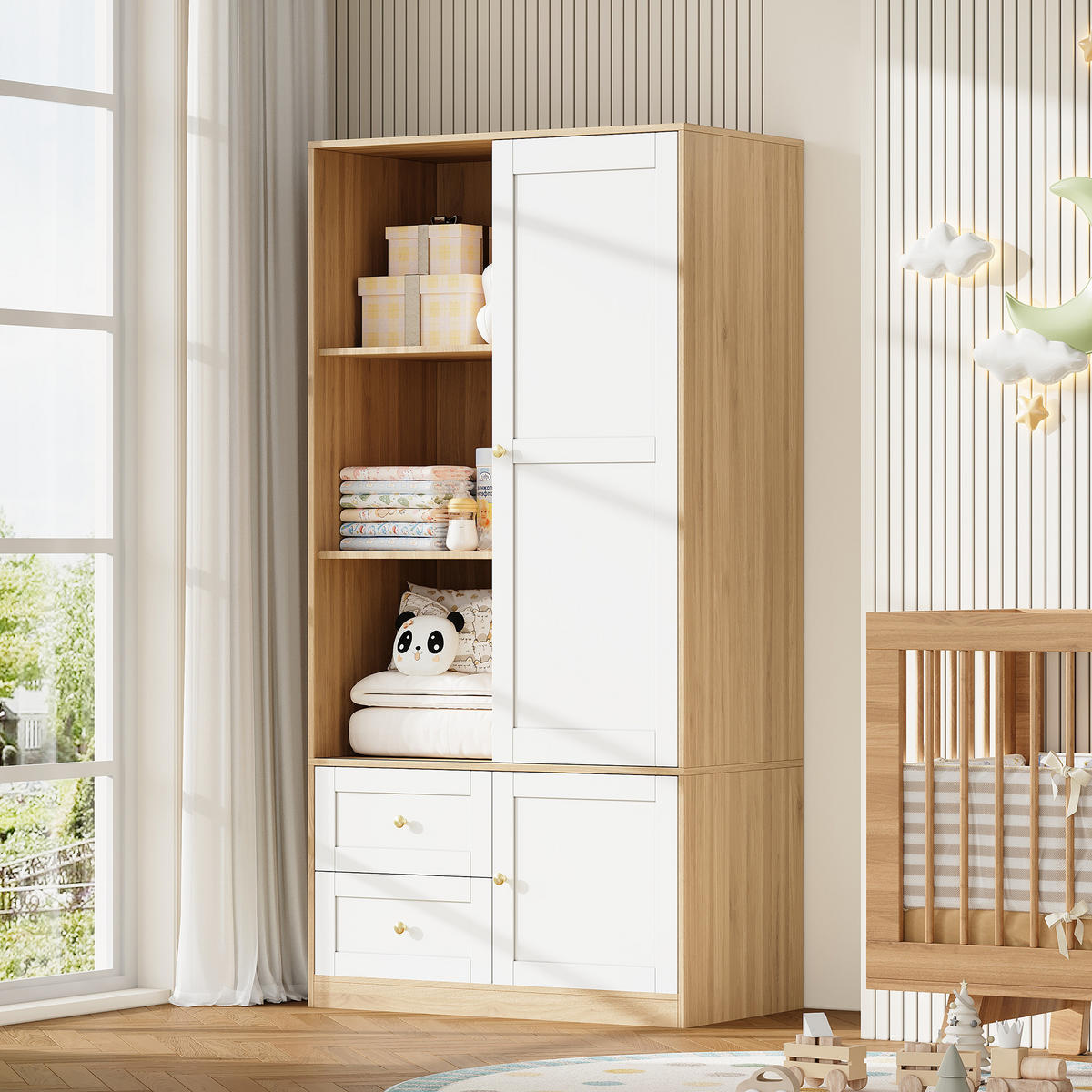 KLEIDERSCHRANK in Weiß und Naturfarben mit Schiebetüren für Schlafzimmer und Flur, B90/T50/H180 cm - Weiß/Naturfarben, Holzwerkstoff/Metall (90/180/50cm) - STILVORA