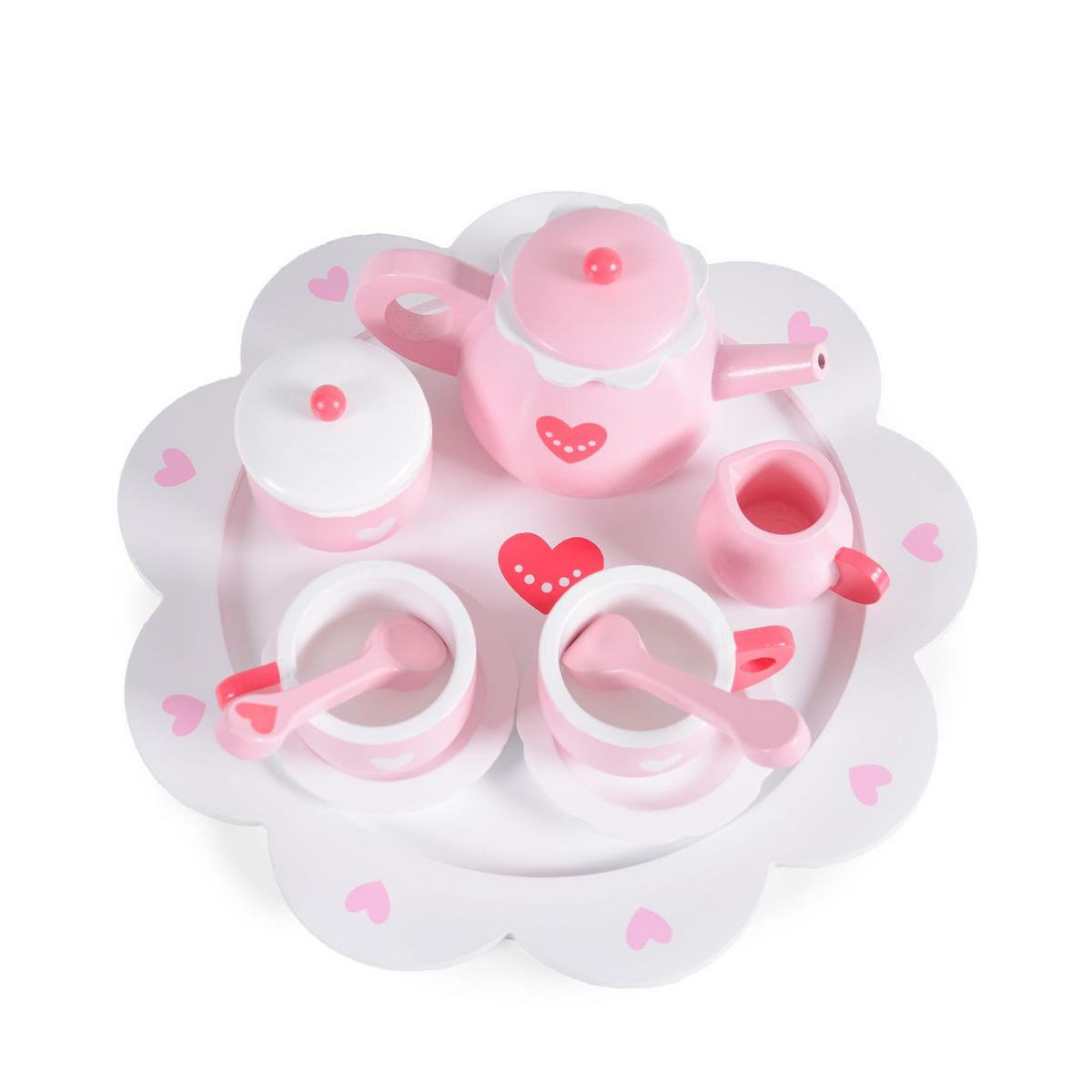 SPIELGESCHIRR Herz 005 rosa Holz, 10-teilig, Kanne, Tassen, Untertassen, Löffel, Zuckerdose - Rosa, Holz (28/8/28cm) - Moni