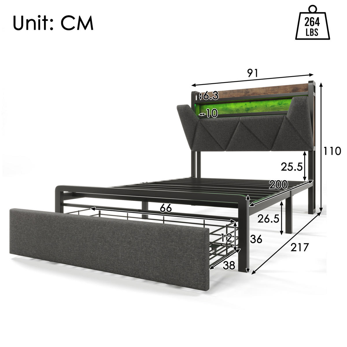 MULTIFUNKTIONSBETT 90/200 cm Grau mit Stauraum-Kopfteil und LED-Beleuchtung mit Matratze - Grau, Textil (90/200cm) - OKWISH