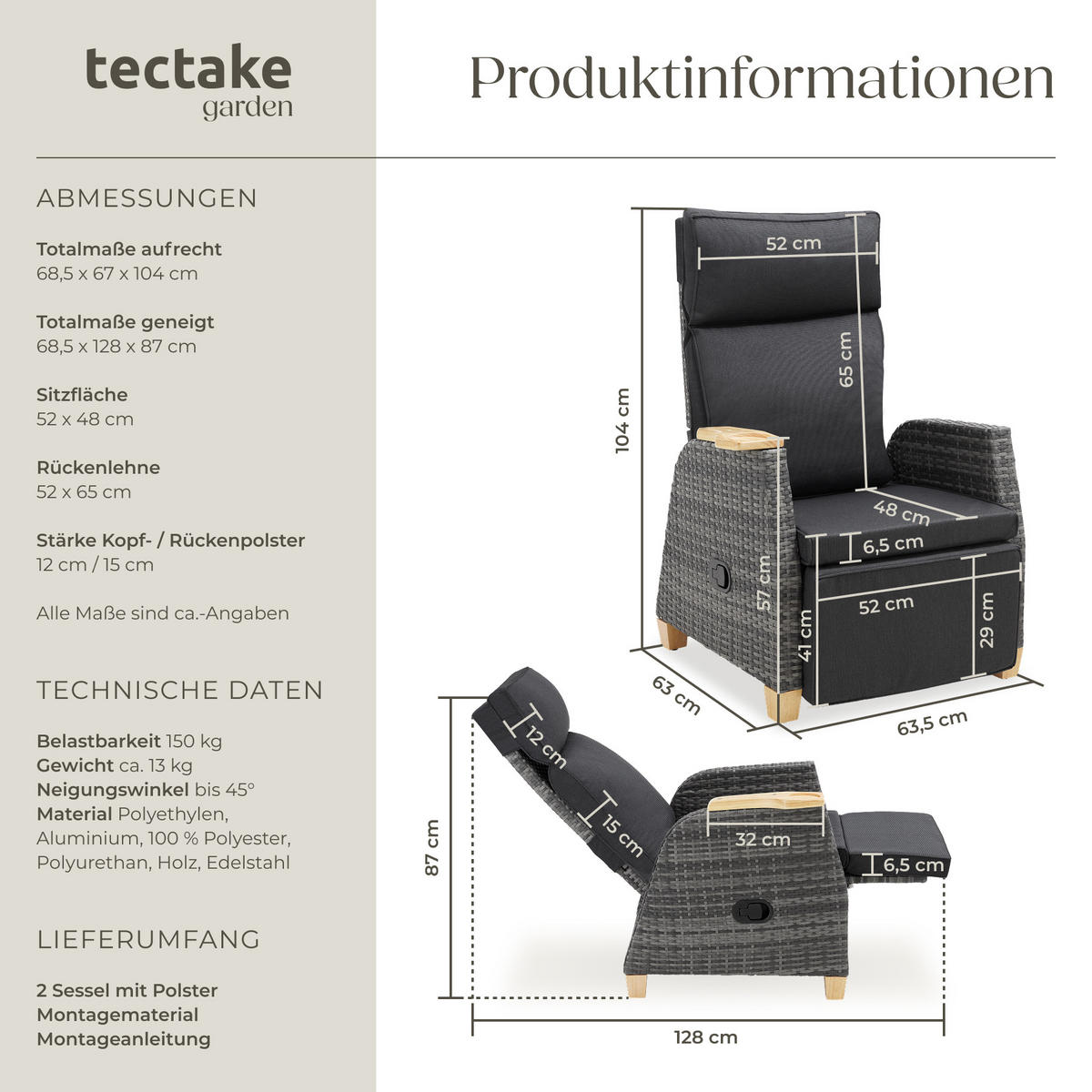 RATTANSESSEL Pescara,68,5 x 67 - 128 x 87 - 104 cm,grau - Grau, Kunststoff (68.5/104/128cm) - tectake