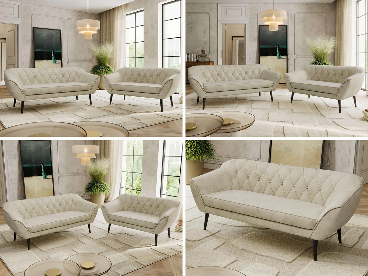 SITZGARNITUR PIRS 3+2 - Beige Velvet - Schwarze Beine - Beige/Schwarz, Holzwerkstoff/Textil (180/75/74cm) - MKS