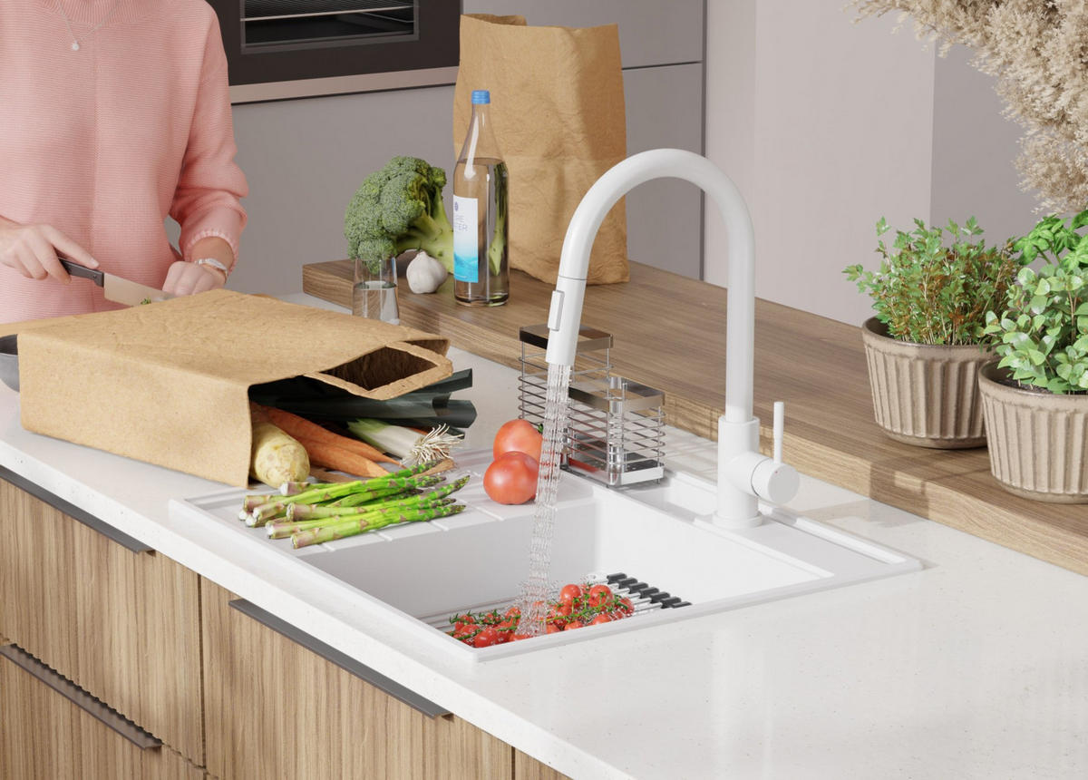 SPÜLBECKEN Sydney Pocket, 2-er set Weiß 62/53 cm 1 Becken + Ablauf-Set + Küchenzubehörset ab 45er Unterschrank - Chromfarben/Beige, Kunststoff (62/20/53cm) - Primagran
