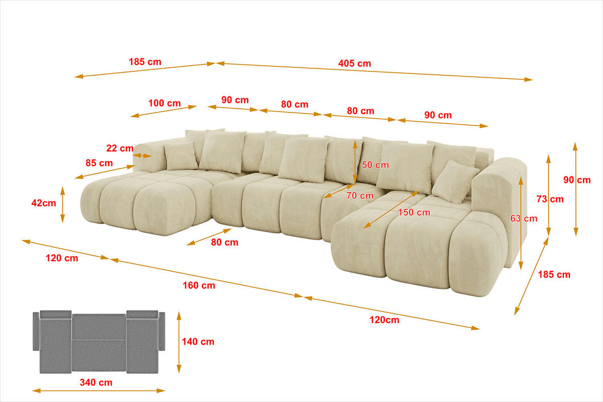 WOHNLANDSCHAFT CLOUD-U-v1 405x185x90 Beige Velours - Beige, Holzwerkstoff/Kunststoff (405/90/185cm) - ALTDECOR