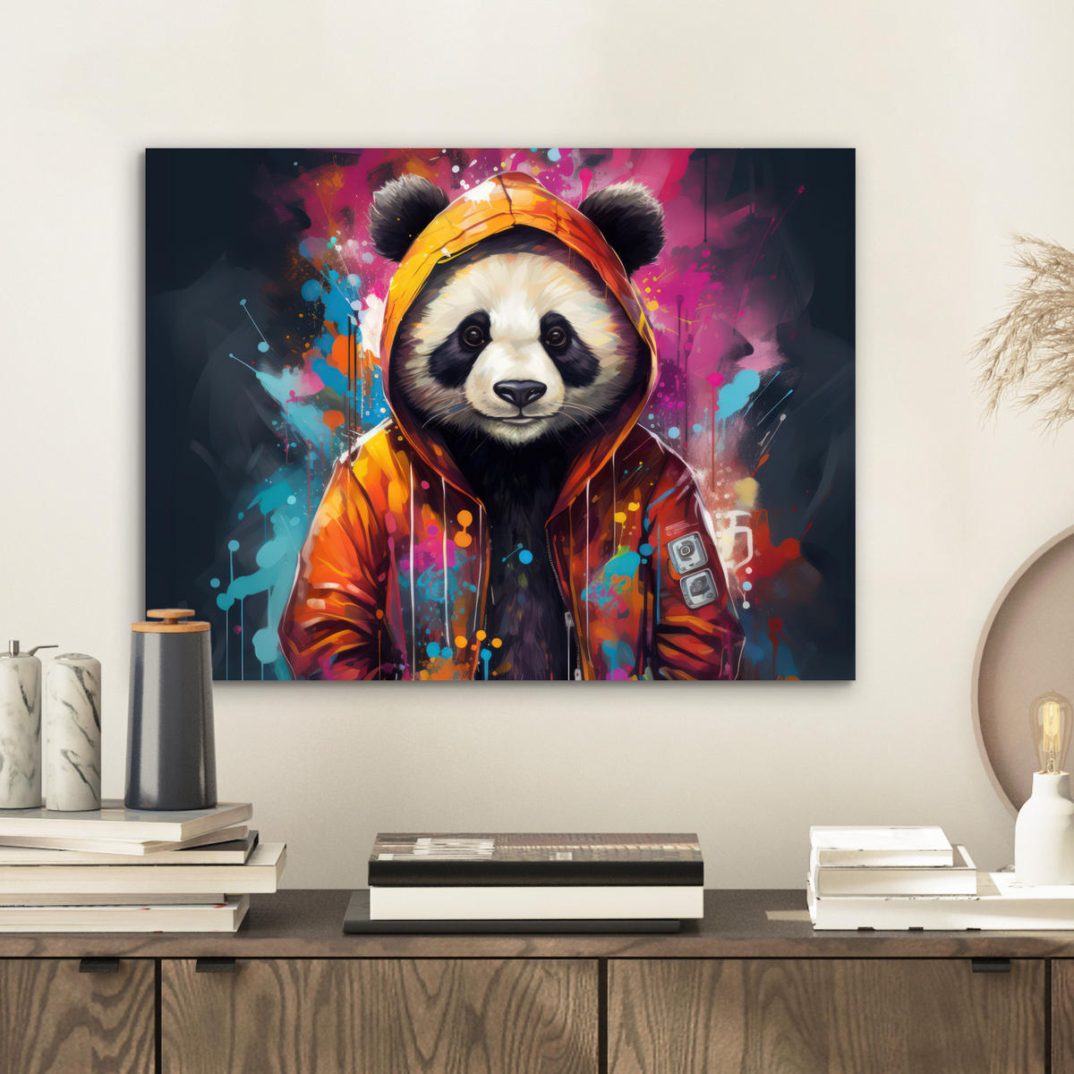 METALLBILD Panda - Jacke - Graffiti - Orange 40x30 cm - Orange, Metall (40/30cm) - MuchoWow