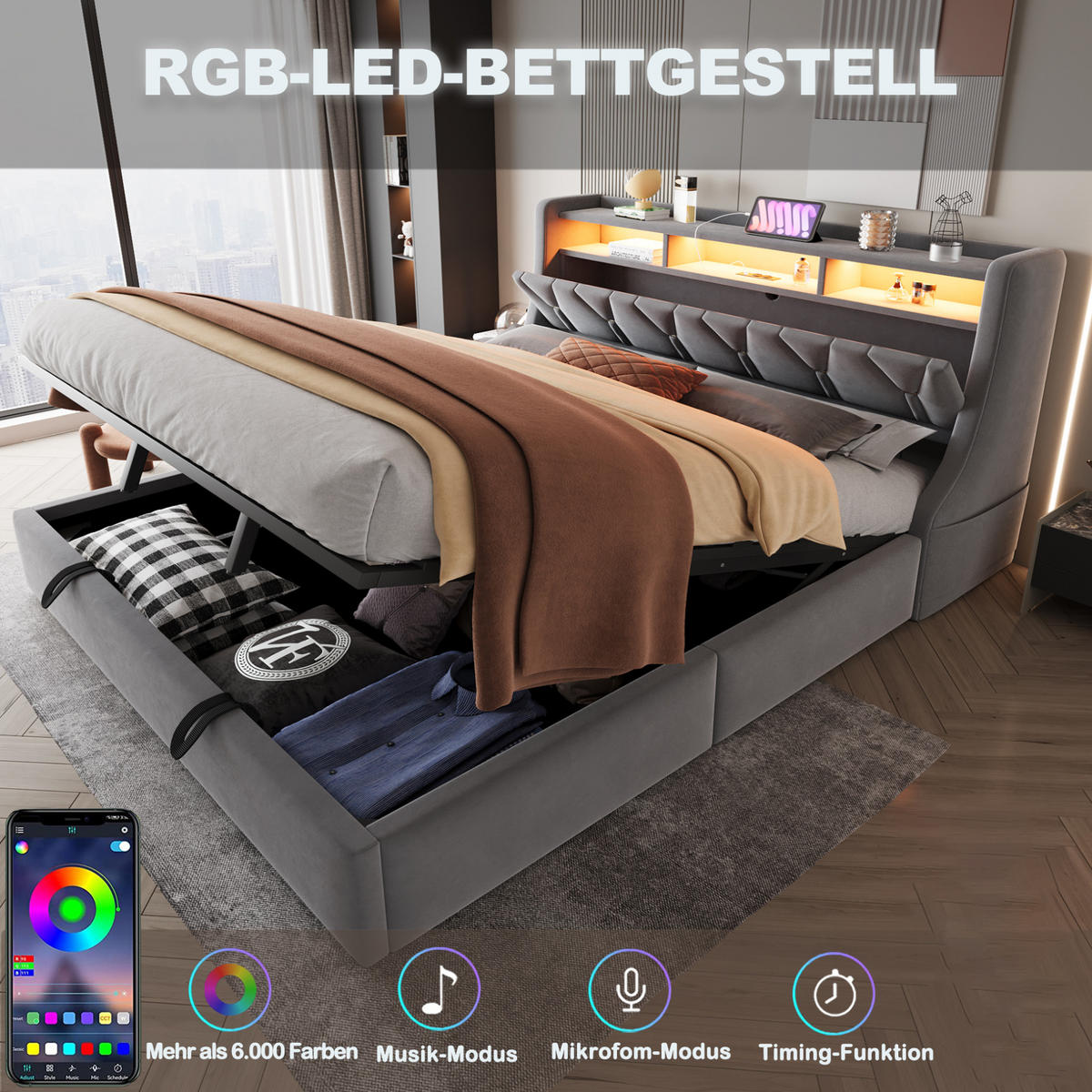 POLSTERBETT 180/200 cm Grau mit Stauraum LED-Beleuchtung und USB- und Type-C-Anschlüssen Samt - Grau, Textil (180/200cm) - OKWISH