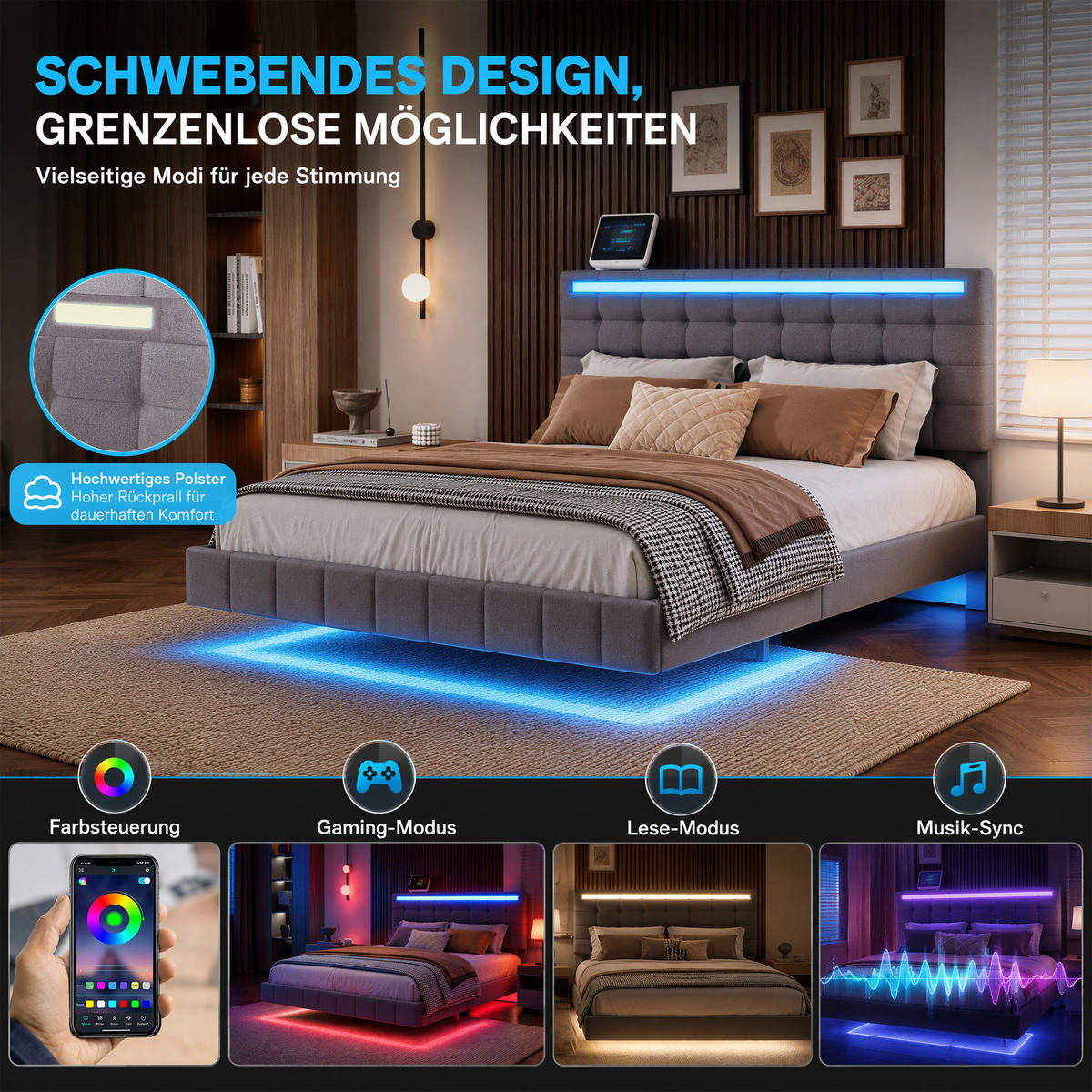 BETT 140x200 cm mit LED und USB, Doppelbett 140x200 cm mit Lattenrost, schwebendes Design, Leinenbezug Grau - Grau, Holz/Textil (140/200cm) - GENKI LIVING