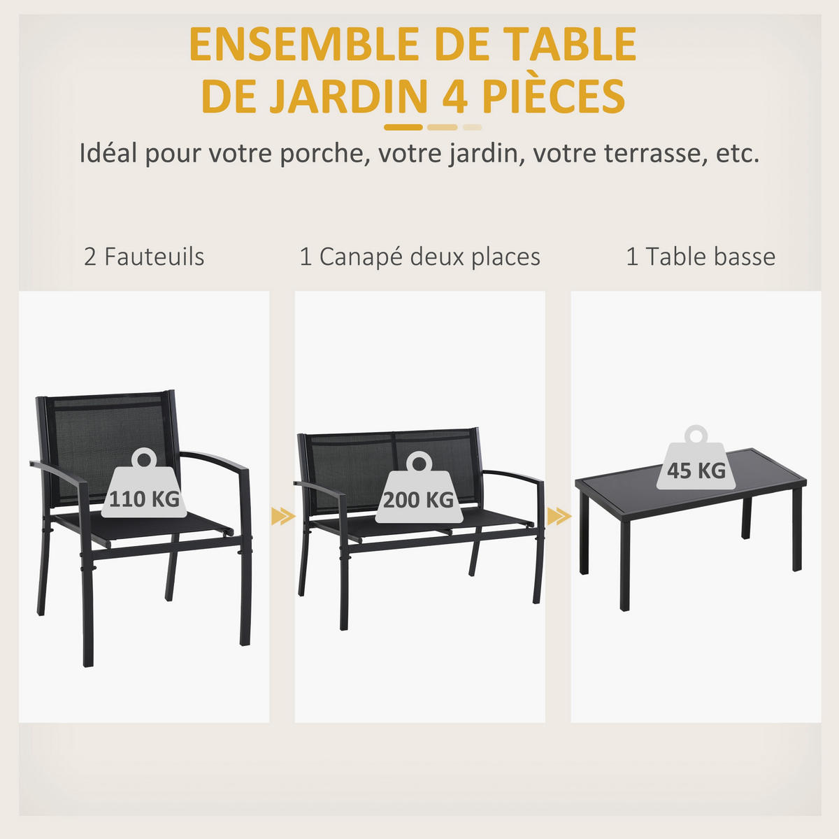 GARTENSET DE-13513 4-teilig mit Glastisch Schwarz - Schwarz, Metall - ComfortXL