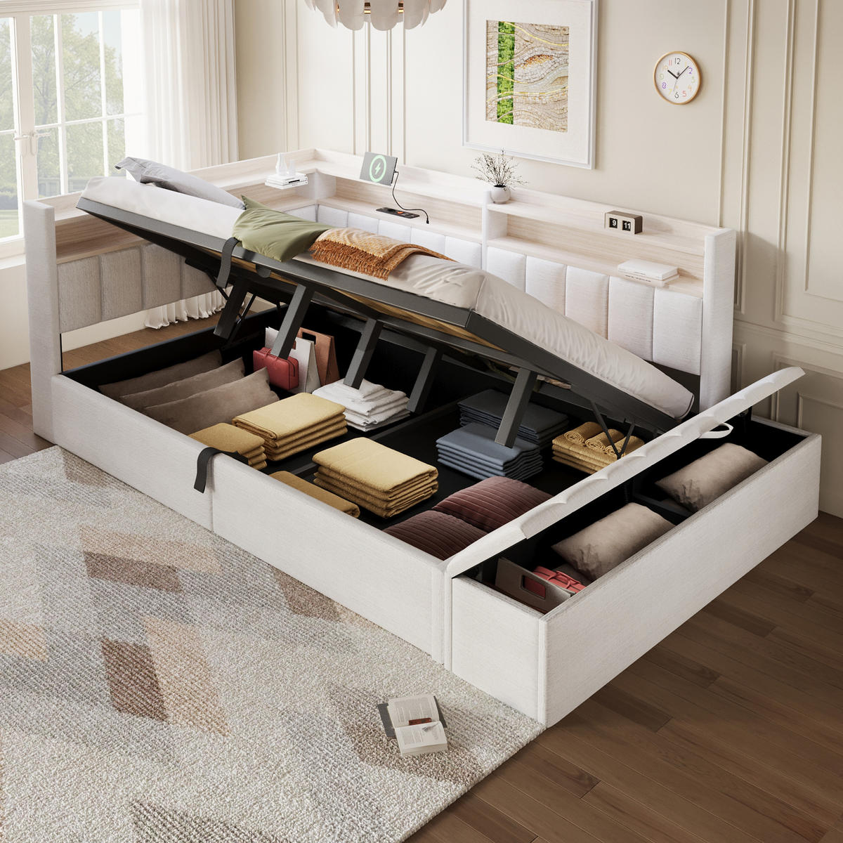 TAGESBETT 140 x 200 cm, Cremeweiß, Samt, LED, USB - Beige, Textil (140/200cm) - FLIEKS