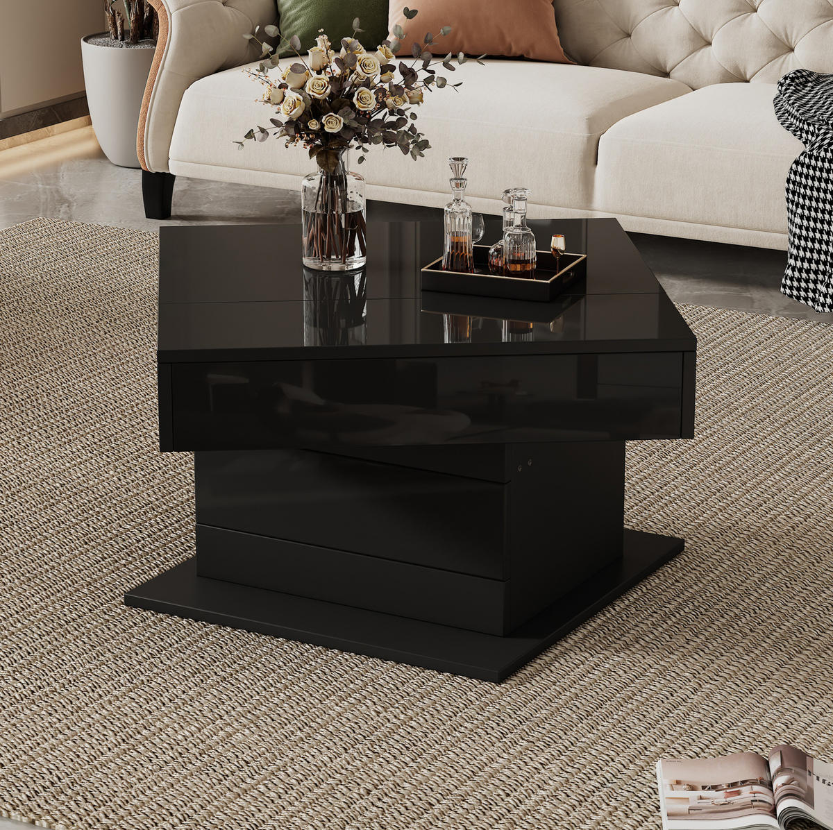 COUCHTISCH aus Spanplatte 70x70x45 cm Schwarz mit drehbarer, höhenverstellbarer Platte und verstecktem Stauraum - Schwarz, Holzwerkstoff (70/70/45cm) - Modfu