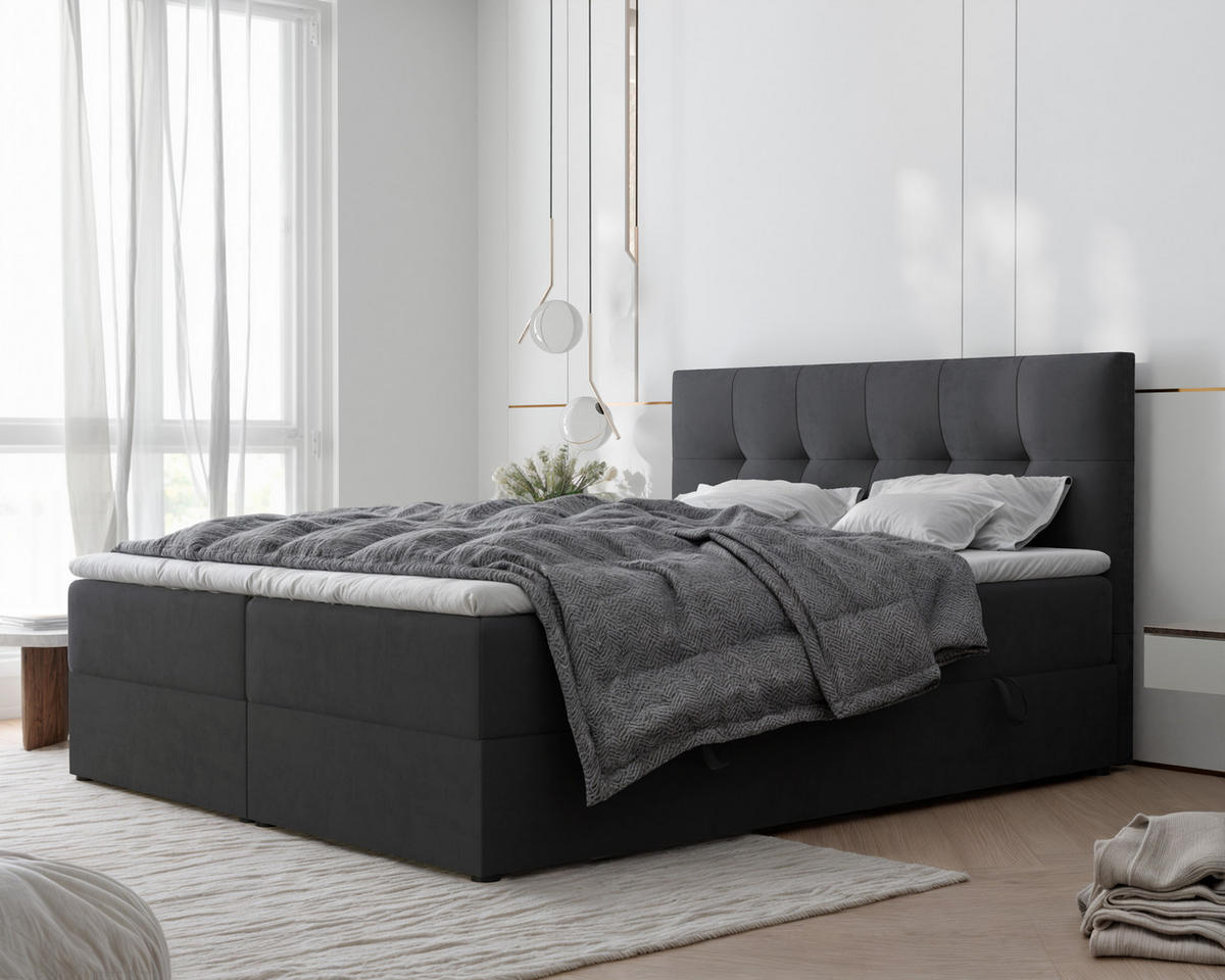 BOXBETT RENZO 200/200 cm mit Matratze und Topper, Grau - Grau, Holzwerkstoff/Textil (200/200cm) - Idohome