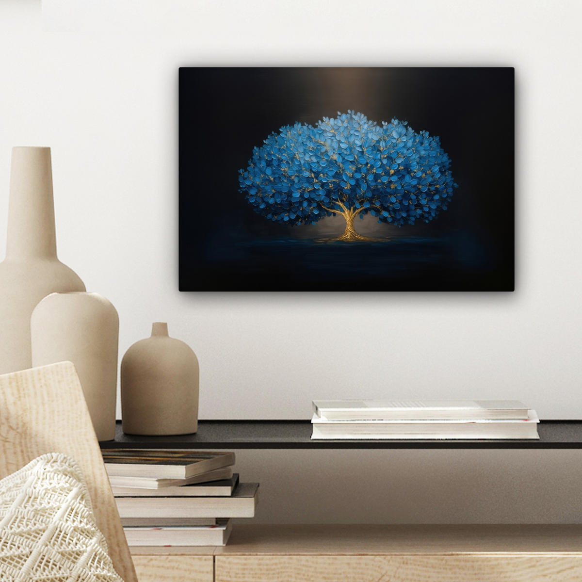 LEINWANDBILD Baum - Blau - Blätter - Pinselstriche Deko Schlafzimmer 30x20 cm - Blau, Textil (30/20cm) - MuchoWow