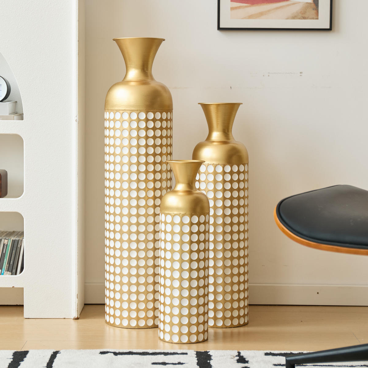 BODENVASE 3-tlg 50-83cm Metall-Bodenvase Set Gold Punktenmuster für Trockenblumen - Weiß, Metall (92cm) - Raelunyi