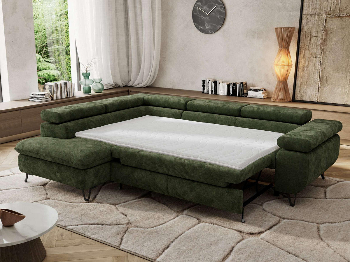 ECKSOFA PABLO L Dunkelgrün Schenille glatt - Links Seite mit T25 Topper - Dunkelgrün/Schwarz, Textil/Metall (208/273cm) - MKS