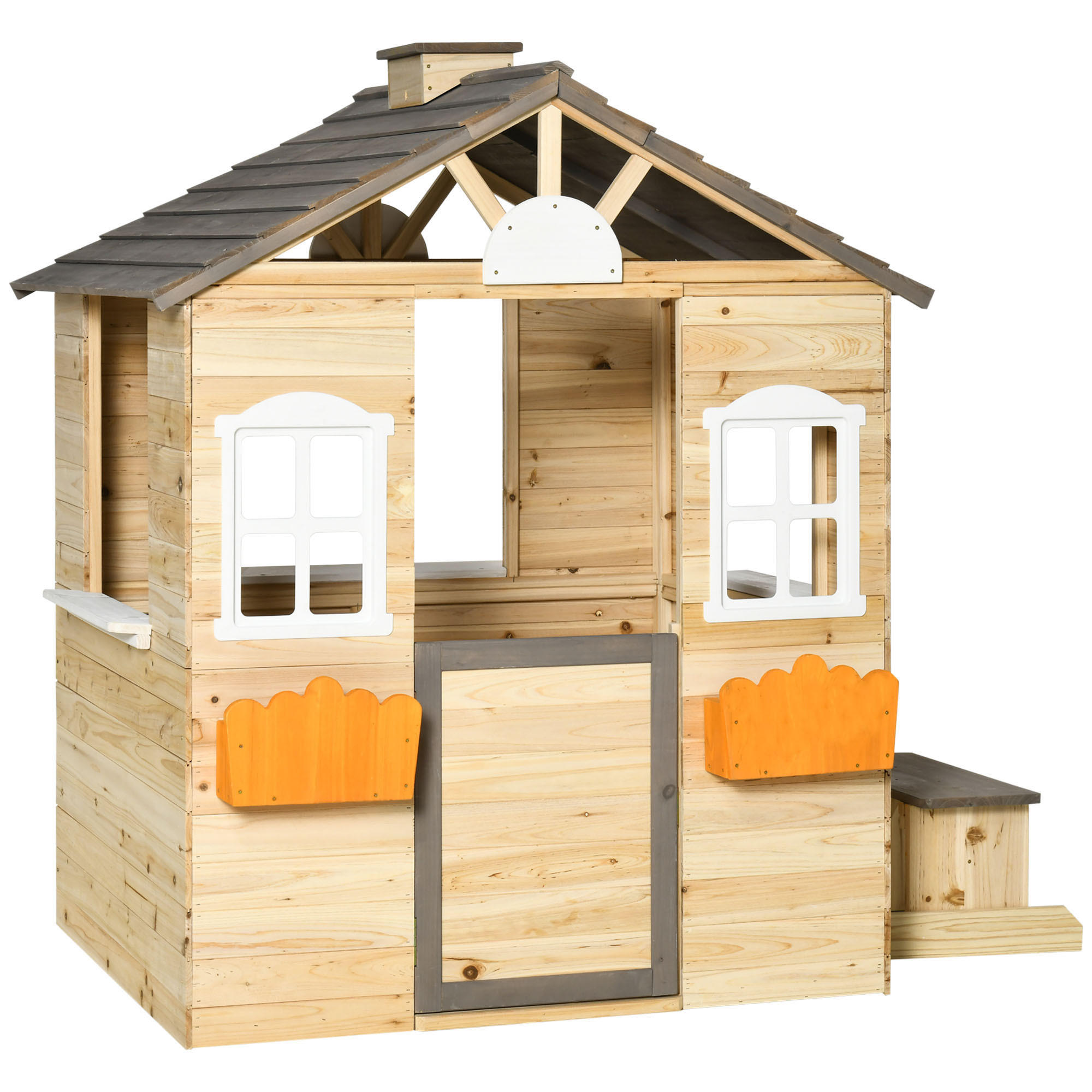 SPIELHAUS für Kinder, Holz, Kinderspielhaus mit Fenster, Briefkasten, Outdoor - Naturfarben, Holz (94/134.5/113cm) - Outsunny
