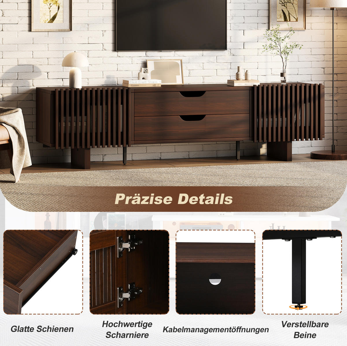 TV-SCHRANK 180/40/45 cm dunkel walnuss aus MDF mit 2 Schubladen - Braun, Holzwerkstoff (180/45/40cm) - OKWISH