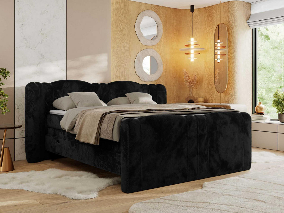 BOXSPRINGBETT FORTINA 200/200 - Schwarz Plüsch - Topper T25 - H3 - Schwarz, Holz/Textil (200/200cm) - MKS