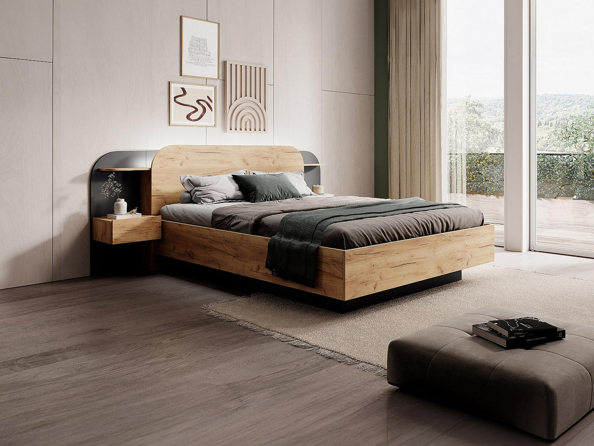 BETT mit Bettkasten - 2 Personen - holz - schwarz, naturfarben hell Juvisia - Schwarz/Naturfarben, Holz (160/200cm) - Vente-Unique