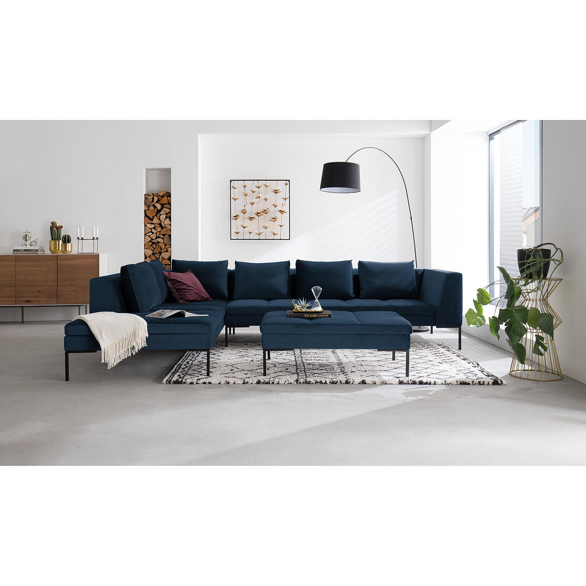 ECKSOFA mit Ottomane - Schwarz/Dunkelblau, Textil/Metall (319/230cm) - home24