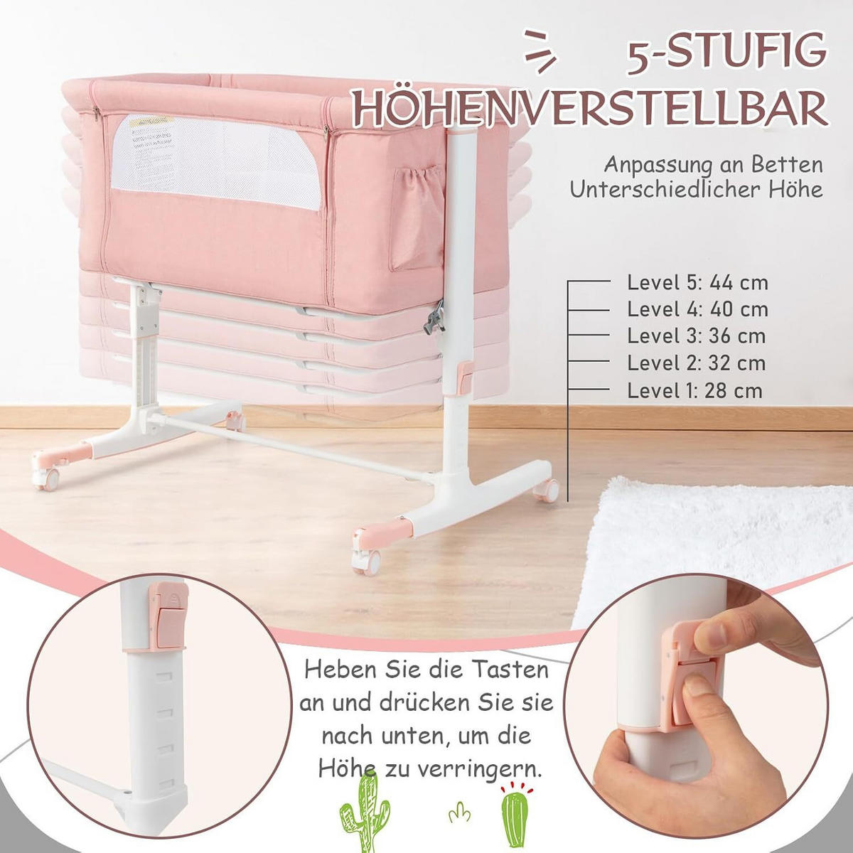 BABYWIEGE mit Wiege rosa - Pink, Textil - COSTWAY
