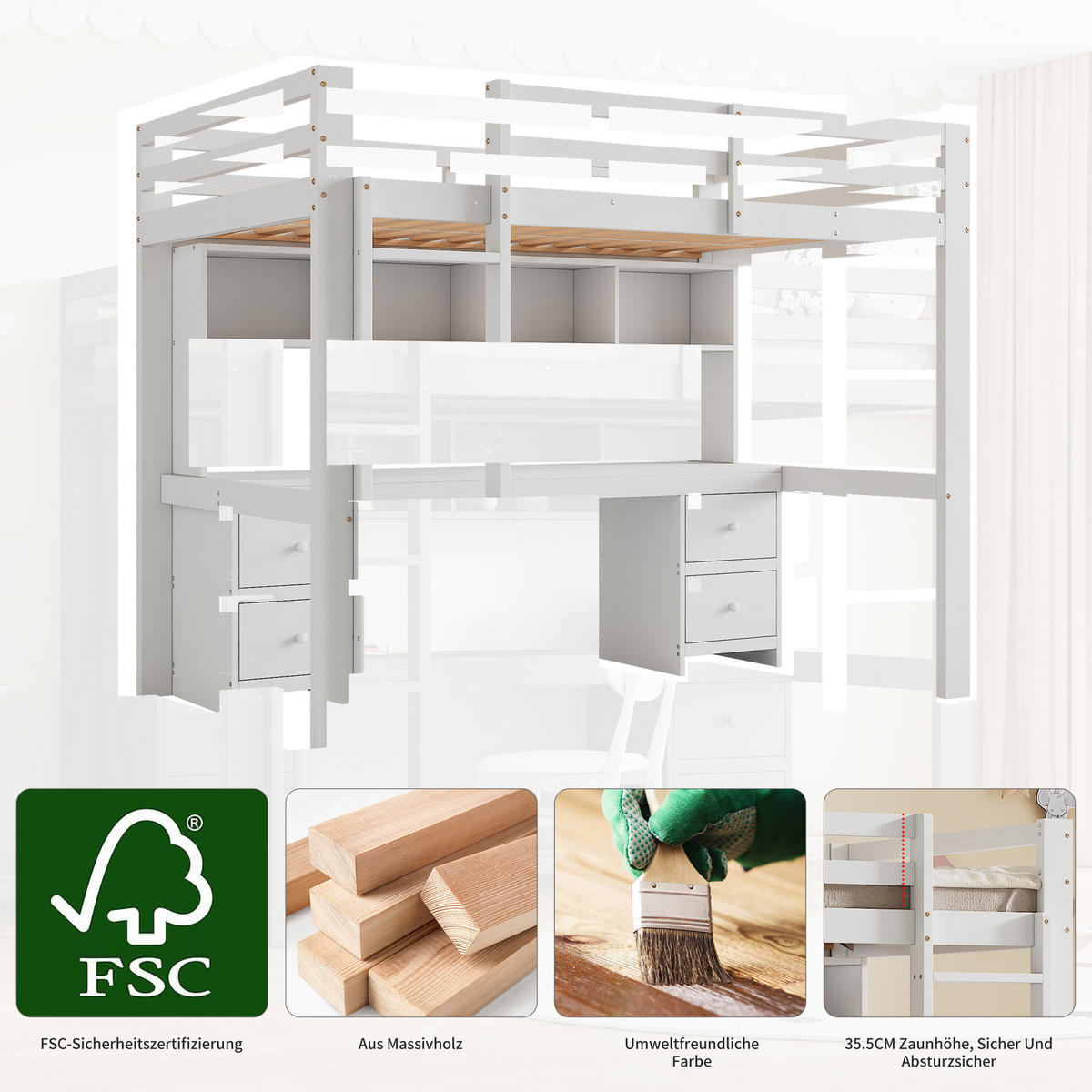HOCHBETT 90x200cm Weiß Kinderbett oben Tisch unten Stauraum - Weiß, Holz (90/200cm) - FLIEKS