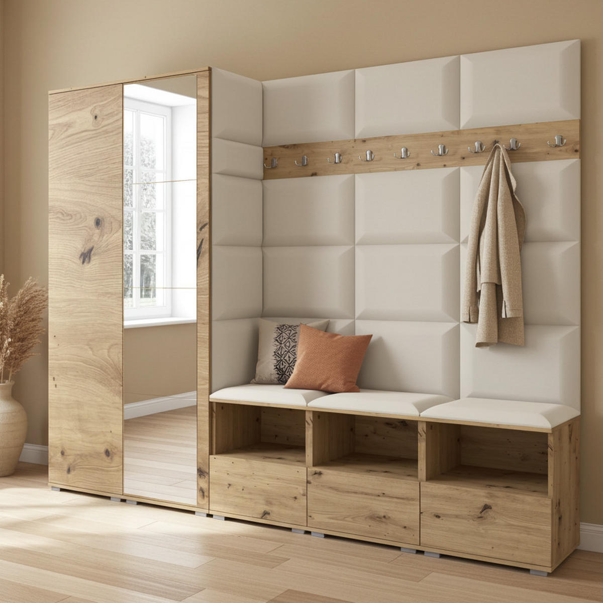 GARDEROBE NELA VII 250 cm (Modulare Flurmöbel XL Artisan Eiche mit Spiegel & Sitzpolster Creme 01 Universell) - Silberfarben/Creme, Holz/Holzwerkstoff (250/187/40cm) - Ravio