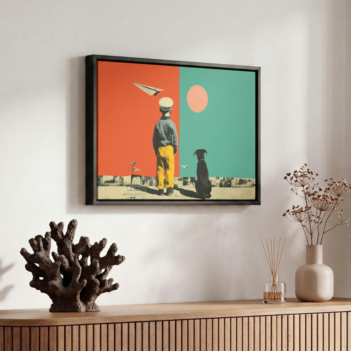 LEINWAND Bilder mit Rahmen - Retro - Junge - Hund - Rot - Grün - 30x20 - Orange, Textil (30/20cm) - MuchoWow