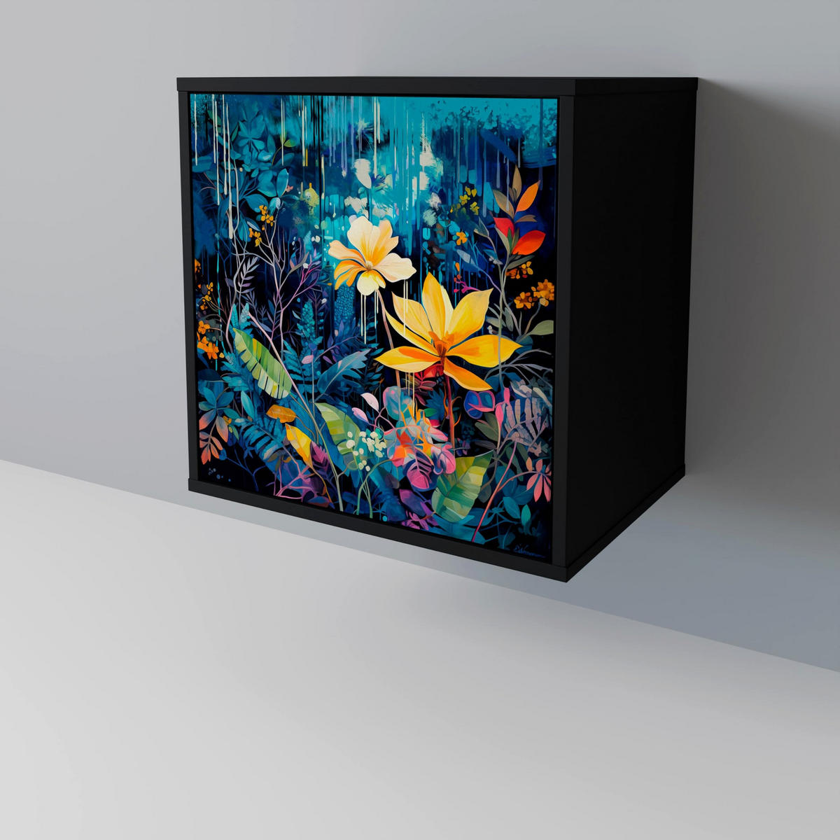 SIDEBOARD MIDNIGHT BLOSSOM, Schwarz, 57,5x42x72,5 cm, Schwarze Metallfüße - Multicolor/Schwarz, Holzwerkstoff/Metall (57.5/72.5/42cm) - SpaceRebels