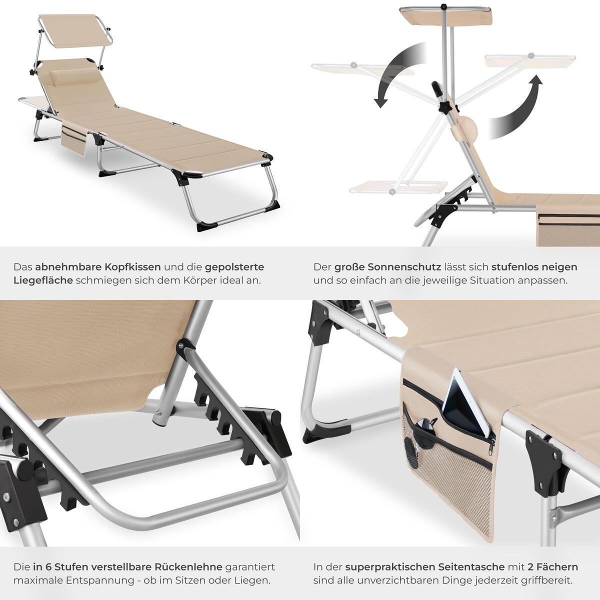 SONNENLIEGE aus Aluminium Lorella, 200 x 60,5 x 34 cm, mit Seitentasche, beige - Beige, Kunststoff (60.5/115/200cm) - tectake