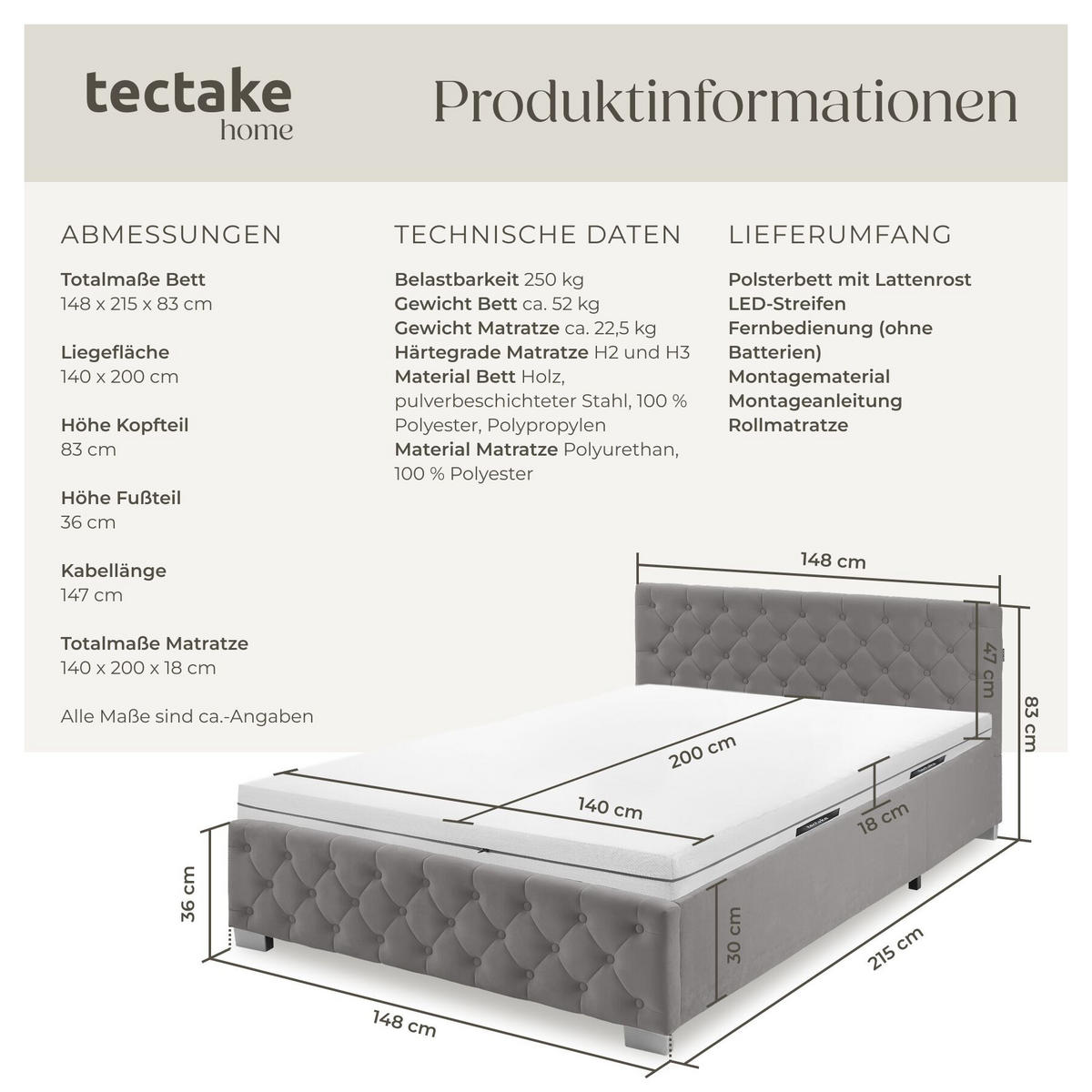 BETTSET , großer Stauraum unter dem hochklappbaren Lattenrost, dunkelgrau - Dunkelgrau, Holz (140/200cm) - tectake
