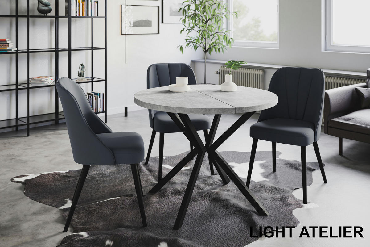 ESSZIMMERTISCH LOFT LITEN, ausziehbarer Tisch 120 cm/200 cm, Farbe: Hellgrau, mit Metallbeinen in Farbe Schwarz - Schwarz/Grau, Holzwerkstoff (120/120/76cm) - Alpi-Möbel