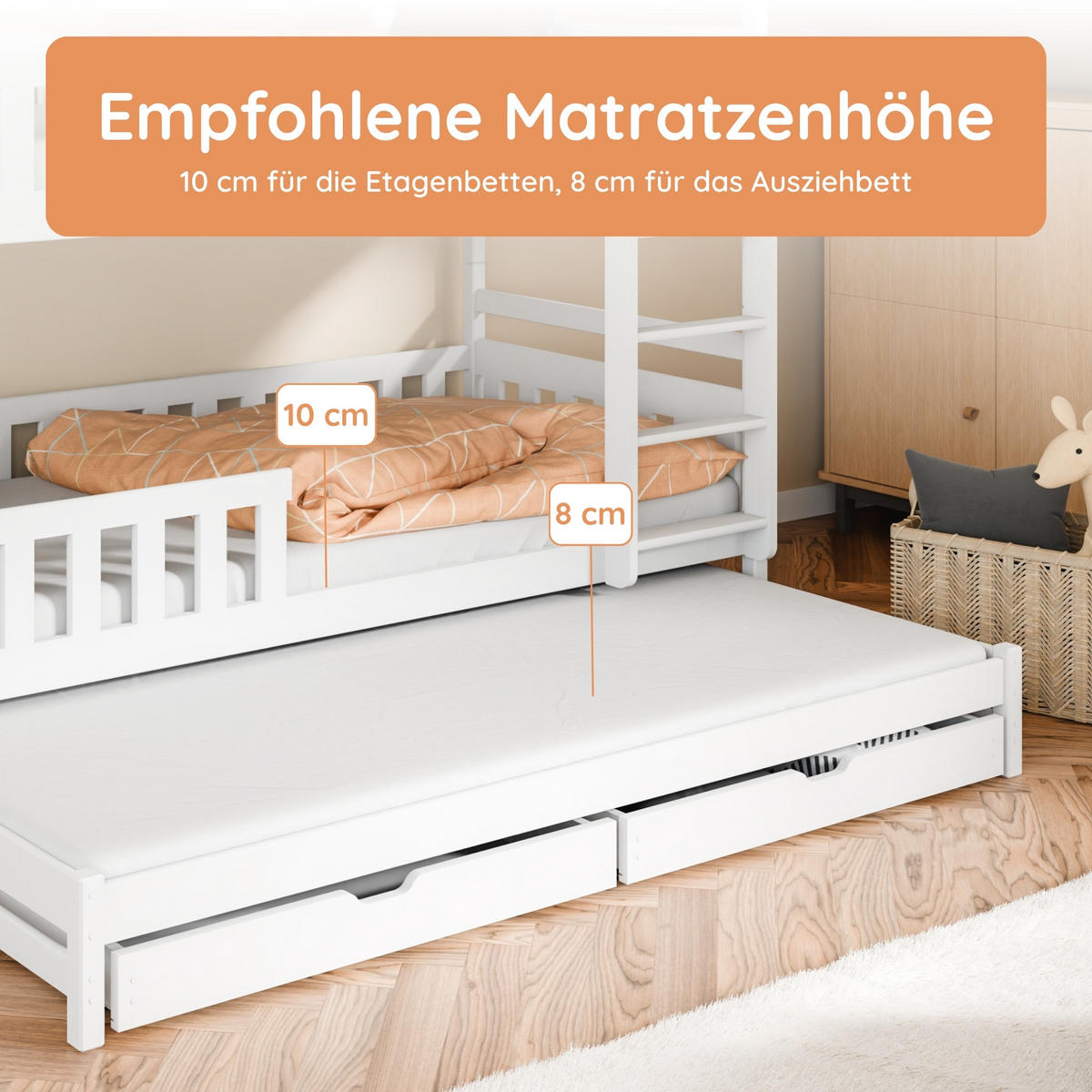ETAGENBETT mit Schubladen und Ausziehbett 90x200 in Weiß - Weiß, Holz (90/200cm) - Kids Collective