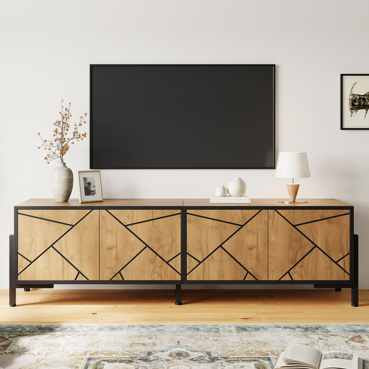 TV-LOWBOARD 153x40x50 cm Holz Schwarz 4 Türen Geometrisches Design - Naturfarben, Holzwerkstoff (40/50/153cm) - FLIEKS