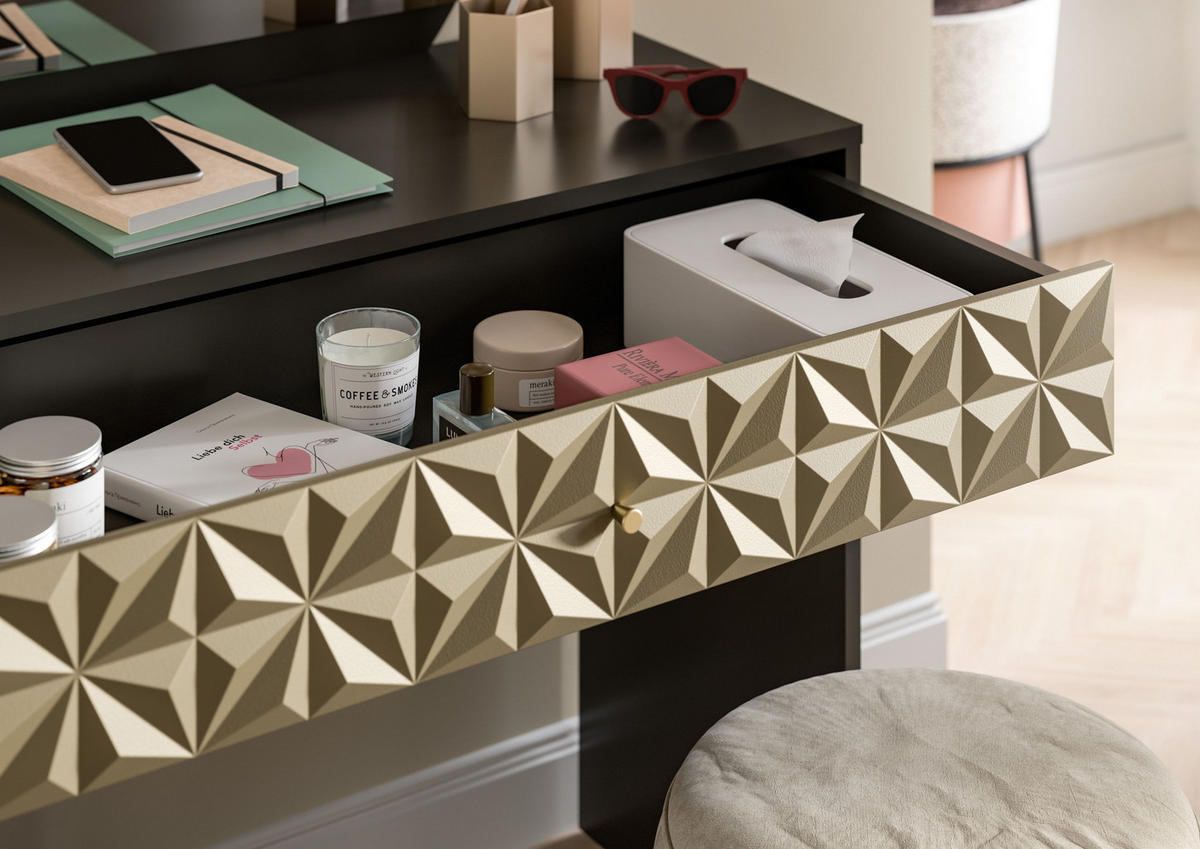 SCHMINKTISCH Prisma Schminktisch in schwarz Melamin und gold hochglanz B/H/T: 117x137x42 cm - Schwarz, Holzwerkstoff (117/138/42cm)