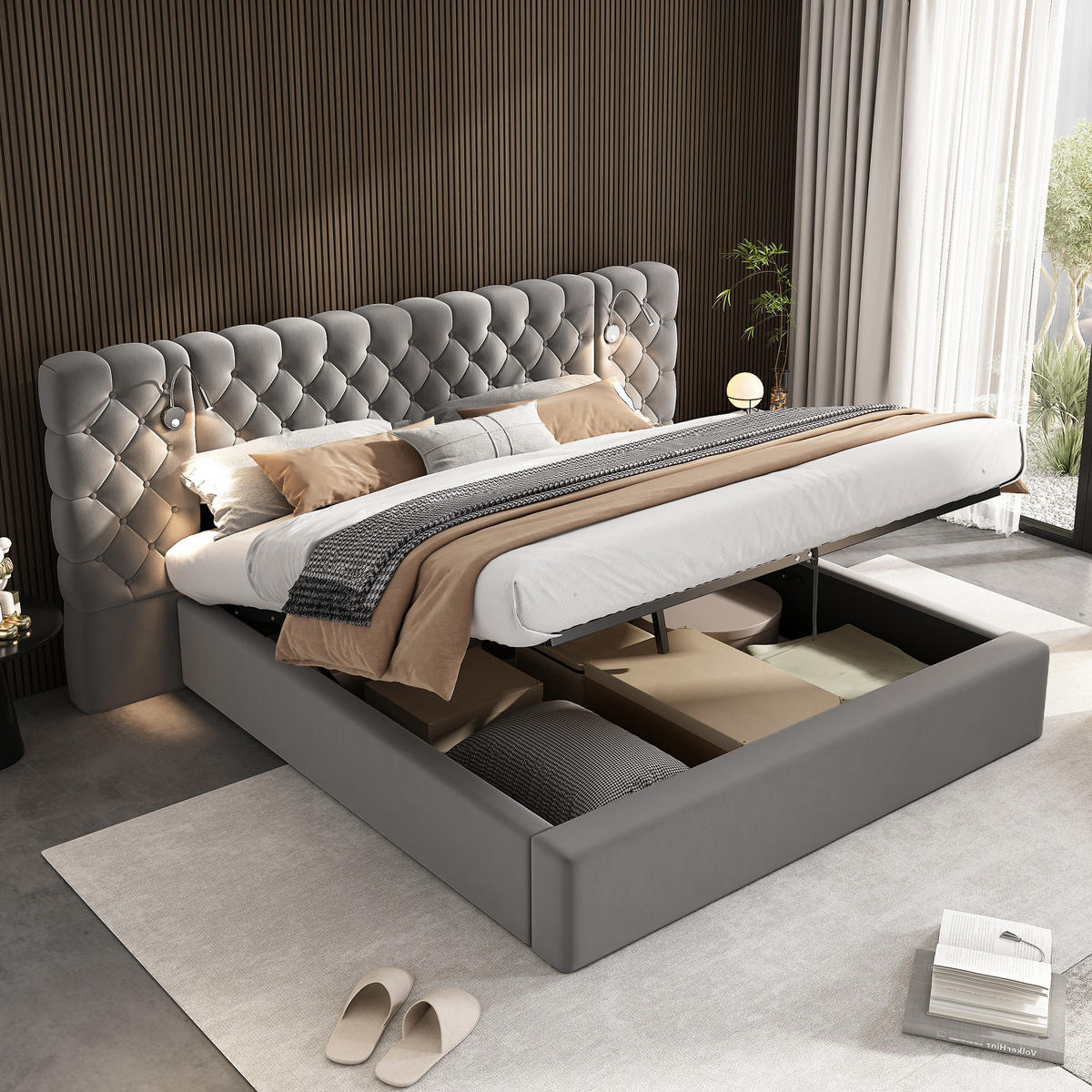 POLSTERBETT 180/200 cm Grau mit Stauraum und LED-Beleuchtung - Grau, Textil (180/200cm) - OKWISH