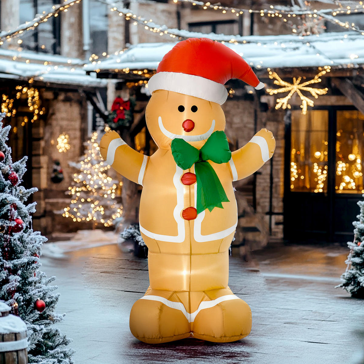 NAFUKOVACÍ perníkový panáček, vánoční dekorace, 1,83 m, 3 LED diody, odolný proti povětrnostním vlivům - žlutá, textil (70/183/110cm) - HOMCOM