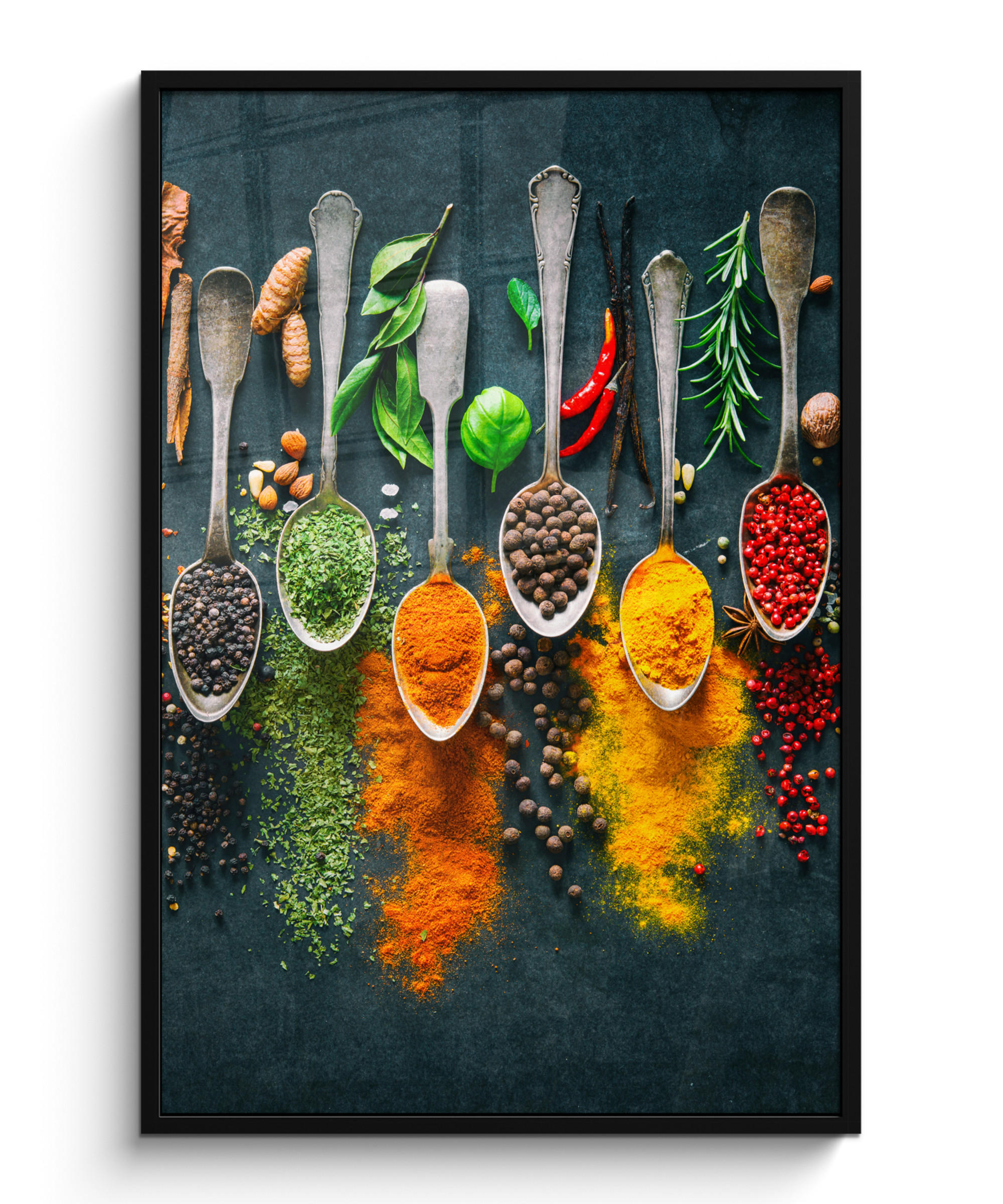 GERAHMTES BILD Kräuter - Gewürze - Löffel 80x120 cm - Currygelb, Papier (80/120cm) - MuchoWow