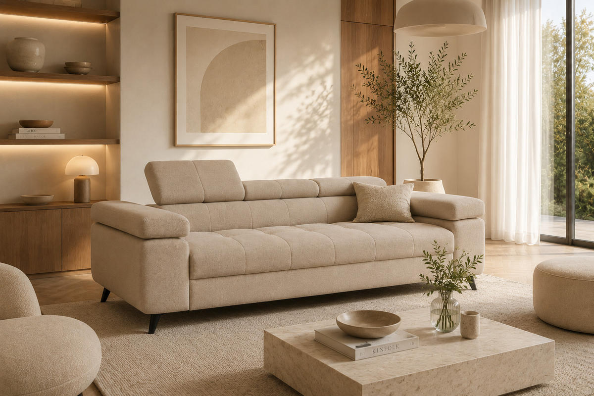 SCHLAFSOFA FJORD, 3-sitzer, verstellbarer Kopfstütze, Schlaffunktion, beige - Beige, Textil (260/90/97cm) - KS Home Concept