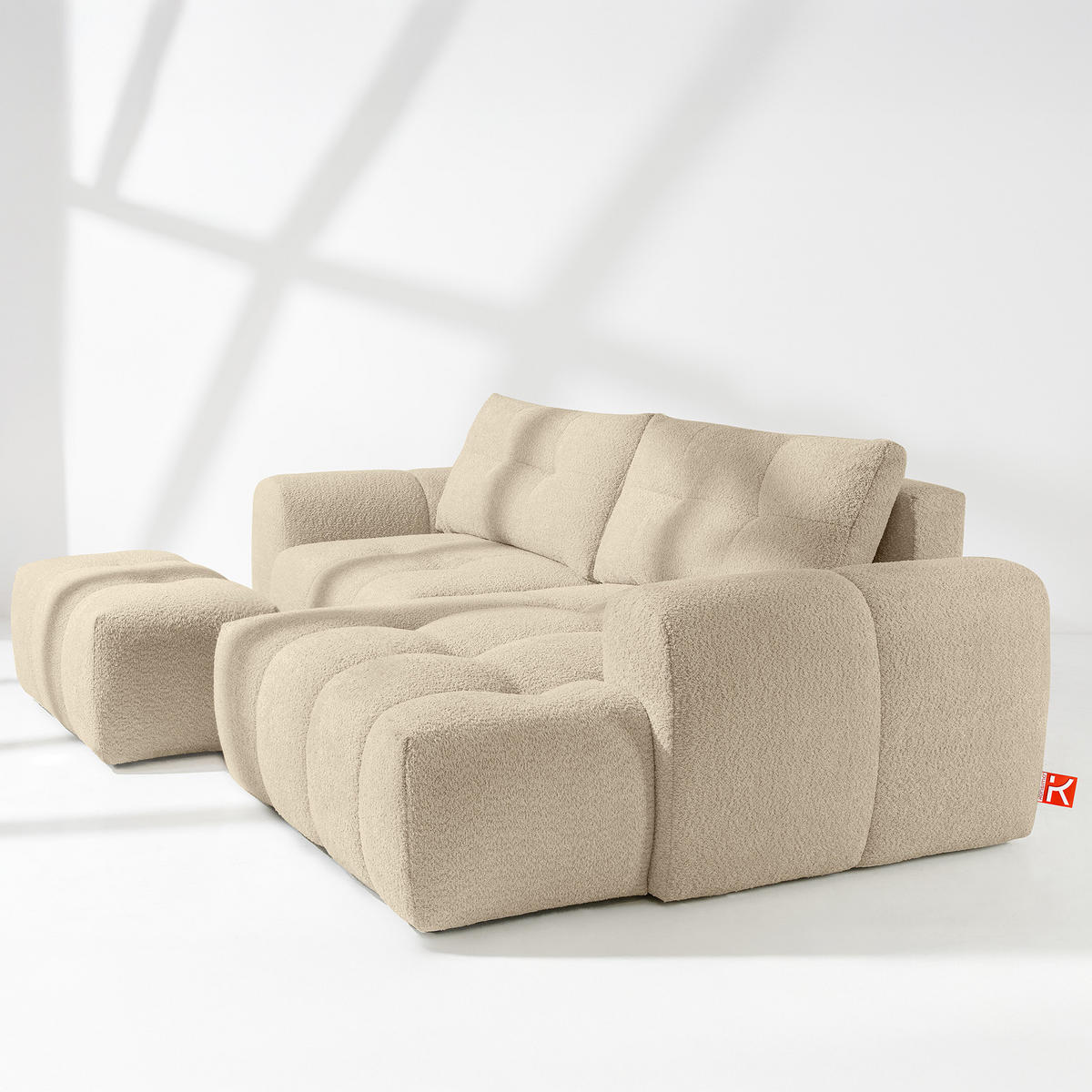 ECKSOFA RECHTS RAVIA, Bouclé, Hellbeige - Beige, Holz/Textil (256/104cm) - KONSIMO®