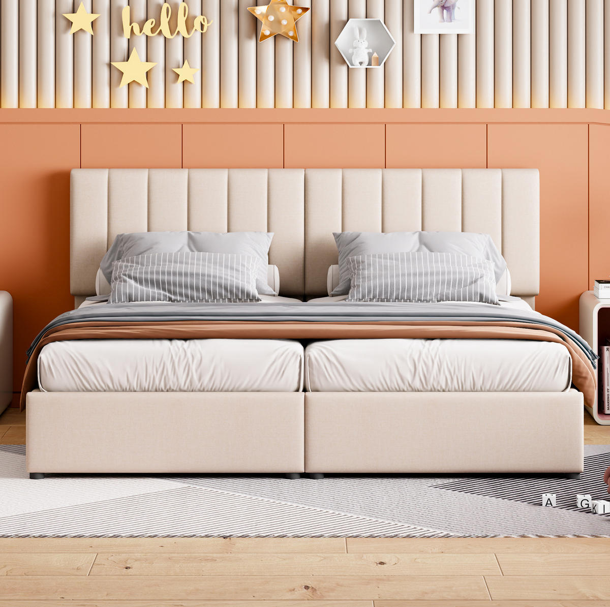 BETT mit hydraulischem Stauraum 180x200 cm Beige umbaubar zu 2x 90 cm - Beige, Metall (180/200cm) - Meubliv