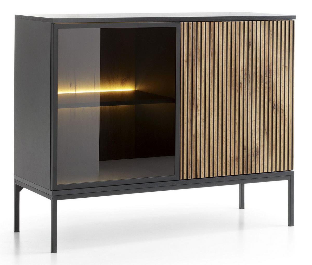 KOMMODE Lagos 104 cm mit Beleuchtung Schwarz und Wotan Eiche - Eiche Wotan/Schwarz, Holzwerkstoff/Metall (104/83/39cm) - Ravio