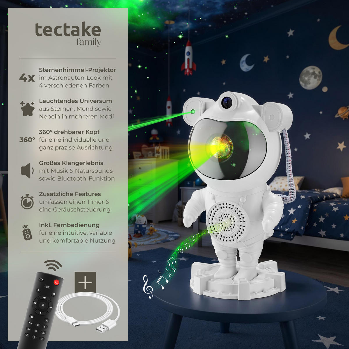 LED-STERNENHIMMEL-PROJEKTOR Astronaut,Bluetooth- und Music-Funktion mit 8 Sounds sowie Timer,weiß - Weiß, Kunststoff (11.5/12/23.5cm) - tectake