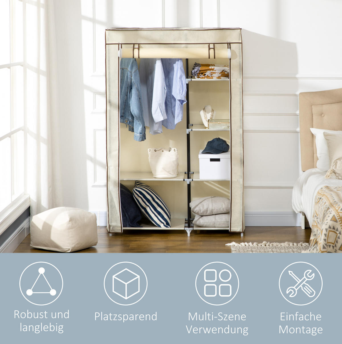 KLEIDERSCHRANK 103/162,5/43 cm Creme aus Stahl mit 6 Fächern - Creme, Metall (43/162.5/103cm) - OKMYHOME