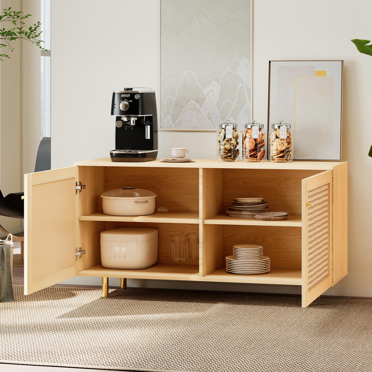 SIDEBOARD 120/40/63 cm mit Rattantüren in Naturholzoptik - Naturfarben, Holzwerkstoff (120/63/40cm) - BEAOK
